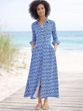 Boden Marcia Jersey Midi Shirt Dress Blue Geo Print Size 10L